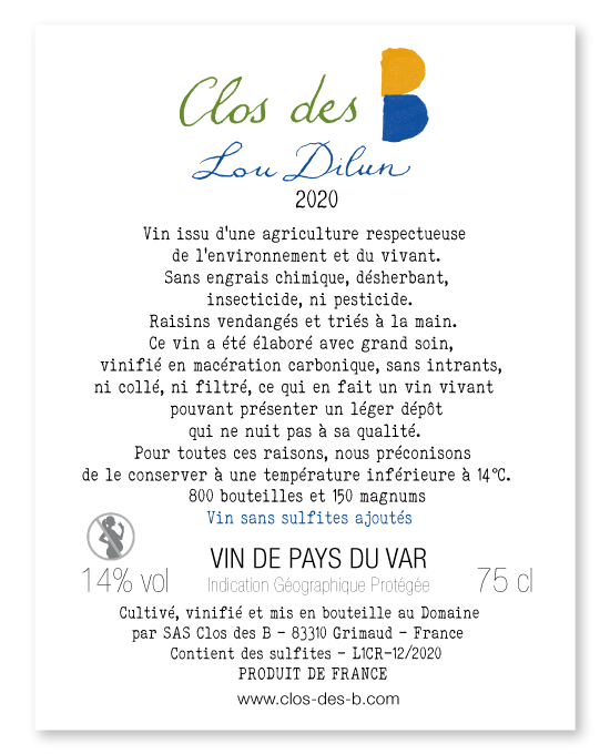 Les vins naturels du Golfe de Saint-Tropez | Clos des B | Lou Dilum étiquette